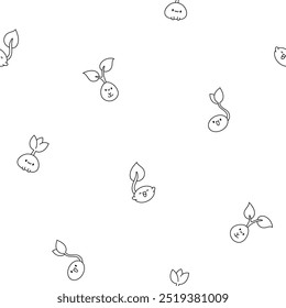 Cute kawaii seed with roots. Seamless pattern. Coloring Page. Bean sprout. Cartoon plant gardening characters. Hand drawn style. Vector drawing. Design ornaments.