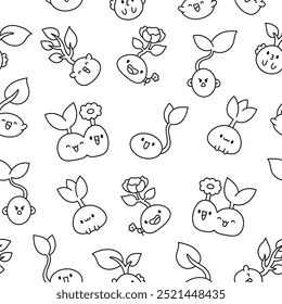 Cute kawaii seed with roots. Seamless pattern. Coloring Page. Bean sprout. Cartoon plant gardening characters. Hand drawn style. Vector drawing. Design ornaments.