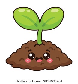 Cute Kawaii Seedling Sprouting from Smiling Soil Cartoon Icon