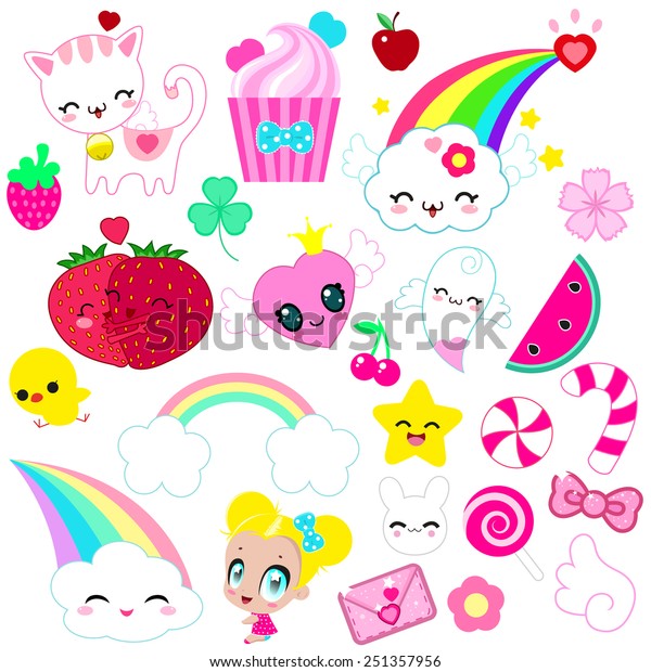 Cute Kawaii Set 25 Items On Stock Vector (Royalty Free) 251357956