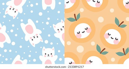 cute kawaii set animals, food apple apricot seamless pattern background bundle, kids berry pastel colors nursery, wrapping paper print, watercolor scandinavian children wallpaper design, vector eps 10