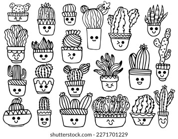 Cute kawaii set of cactus in flowerpots. Coloring page. Hand drawn doodle plants. Cartoon cactus for coloring book. Vector illustration.