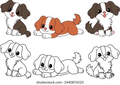 Cute Kawaii Set of Dog isolated on White Background Cartoon Character Coloring Page Vector Illustration