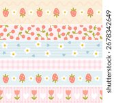 Cute kawaii set of seamless vector patterns borders in summer theme. Hand-drawn illustrations in simple cartoon style. for stationery design, post it, scrapbooking, tape, ribbons. Pastel palette.