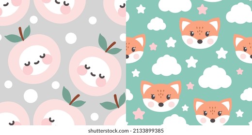 cute, kawaii set of two seamless kids background pattern, green, gray, pastel colors baby room, nursery decor print, children zoo animals, food apples for boy and girl backdrop, fabric and textile 