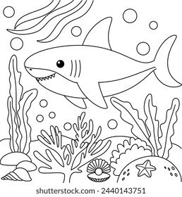 Cute Kawaii Shark Cartoon Character Coloring Page Vector Illustration 