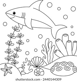 Cute Kawaii Shark Cartoon Character Coloring Page Vector Illustration 