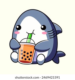 cute kawaii shark sitting drinking bubble tea