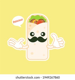 cute and kawaii shawarma kebab cartoon comic character with smiling face tasty wrapped fastfood. emoji kawaii. can be used in restaurant menu,Healthy food. Culinary ingredient.