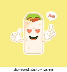 cute and kawaii shawarma kebab cartoon comic character with smiling face tasty wrapped fastfood. emoji kawaii. can be used in restaurant menu,Healthy food. Culinary ingredient.