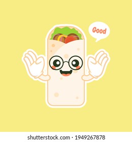 cute and kawaii shawarma kebab cartoon comic character with smiling face tasty wrapped fastfood. emoji kawaii. can be used in restaurant menu,Healthy food. Culinary ingredient.