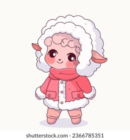 Cute kawaii sheep in winter clothes. Vector illustration.