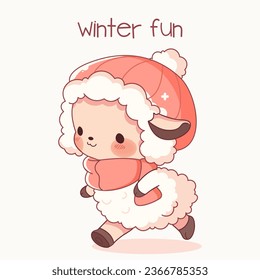 Cute kawaii sheep in winter clothes. Vector illustration.