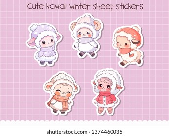 Cute kawaii sheep in winter clothes sticker sheet. Vector illustration.