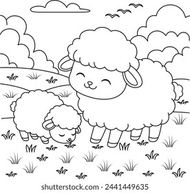 Cute kawaii sheeps is grazing on the meadow cartoon character coloring page vector illustration