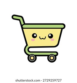 Cute Kawaii Shopping Cart Vector Illustration with Smiley Face and Pink Cheeks. eps