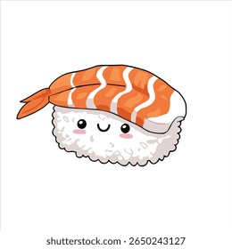 Cute kawaii shrimp sushi character with smiling face, featuring shrimp sashimi on top of fluffy rice, simple white background, adorable Japanese food illustration.

