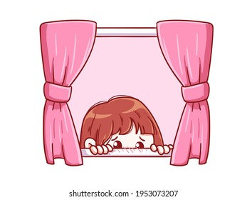 Cute and kawaii Shy Girl Hiding in curtain Manga Chibi Illustration