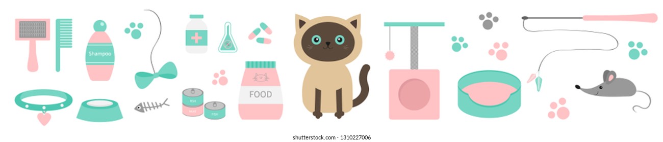 Cute kawaii siamese cat. Stuff line set. Paw print, scrathing rope post, bed, brush, shampoo, collar, clew ball, food plate, bowl, pill bow fish mouse. Flat design. White background Isolated Vector