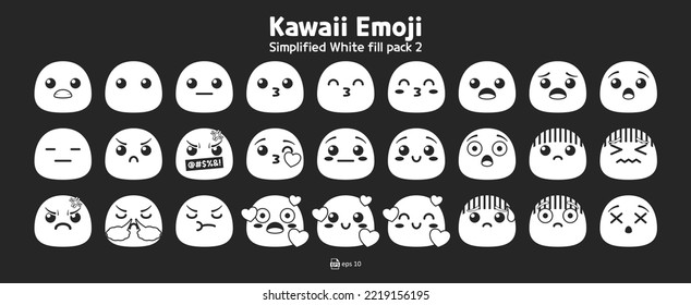 Cute and kawaii simplified flat emoji or emoticon vector pack - emojis emoticon angry, mad, kiss, fearful, tired, and more collection isolated in black background for graphic design or chat elements.