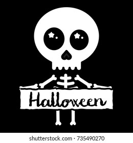 Cute kawaii skeleton holding halloween sign vector