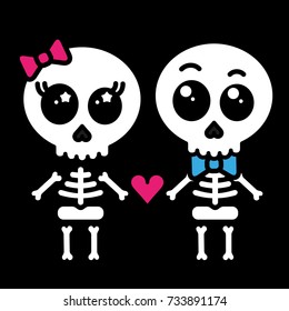 Cute Kawaii Skeleton Love Couple Boy And Girl 