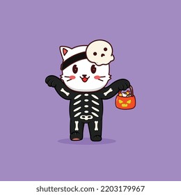 Cute Kawaii Skull Cat Halloween Character Cartoon Illustration