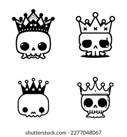 cute kawaii skull head with crown collection set hand drawn illustration