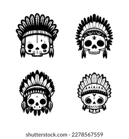 cute kawaii skull head logo wearing indian chief accessories collection set hand drawn illustration