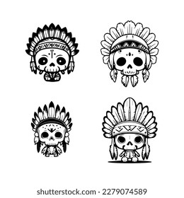 cute kawaii skull head logo wearing Indian chief accessories collection. Hand drawn with love, these illustrations are sure to bring a sense of playfulness and uniqueness