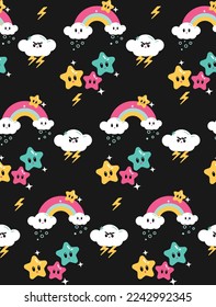 cute Kawaii Sky Cloud, Thunder, Rainbow, Star design for kids textile or paper wrapper