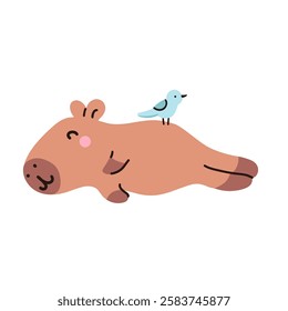 Cute kawaii sleeping capybara and a bird, isolated on white background. Funny sticker for the decoration of a card, poster, banner, diary. Vector illustration, simple flat design