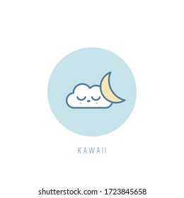 Cute kawaii sleeping Cloud and moon. Outline round weather Icon. Japanese cartoon manga style. Funny anime character. Trendy vector illustration. Pre-made card or print. Isolated on white