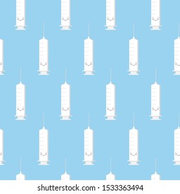 Cute kawaii sleeping syringes empty and with medicine. Kawaii medicine illustration. Seamless pattern on blue background.