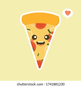 cute and kawaii slice of pizza character isolated on color background. slice cheese pizza with tomato, lettuce & bacon, sausage flat design style. tasty & Appetizing fast food. 