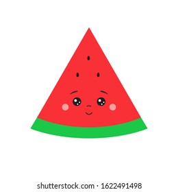 Cute kawaii slice of watermelon. Smiling funny cartoon berry with eyes, nose, mouse, cheeks, seeds isolated on white background. Vector illustration