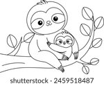 Cute kawaii sloth and baby on the branch tree cartoon character coloring page vector illustration. Wild animal, mothers day colouring page for kids