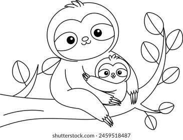 Cute kawaii sloth and baby on the branch tree cartoon character coloring page vector illustration. Wild animal, mothers day colouring page for kids