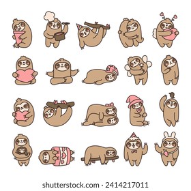 Cute kawaii sloth character. Cartoon funny wild animal. Hand drawn style. Vector drawing. Collection of design elements.