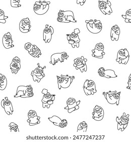 Cute kawaii sloth character. Seamless pattern. Coloring Page. Cartoon funny wild animal. Hand drawn style. Vector drawing. Design ornaments.