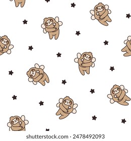 Cute kawaii sloth character. Seamless pattern. Cartoon funny wild animal. Hand drawn style. Vector drawing. Design ornaments.