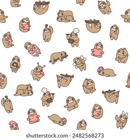Cute kawaii sloth character. Seamless pattern. Cartoon funny wild animal. Hand drawn style. Vector drawing. Design ornaments.