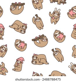 Cute kawaii sloth character. Seamless pattern. Cartoon funny wild animal. Hand drawn style. Vector drawing. Design ornaments.