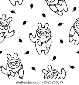 Cute kawaii sloth character. Seamless pattern. Coloring Page. Cartoon funny wild animal. Hand drawn style. Vector drawing. Design ornaments.