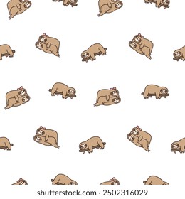 Cute kawaii sloth character. Seamless pattern. Cartoon funny wild animal. Hand drawn style. Vector drawing. Design ornaments.