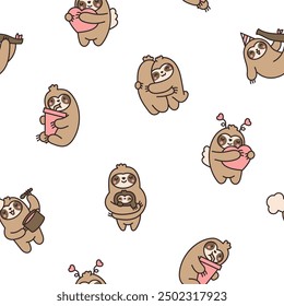 Cute kawaii sloth character. Seamless pattern. Cartoon funny wild animal. Hand drawn style. Vector drawing. Design ornaments.