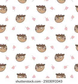 Cute kawaii sloth character. Seamless pattern. Cartoon funny wild animal. Hand drawn style. Vector drawing. Design ornaments.