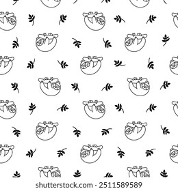 Cute kawaii sloth character. Seamless pattern. Coloring Page. Cartoon funny wild animal. Hand drawn style. Vector drawing. Design ornaments.