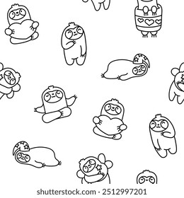 Cute kawaii sloth character. Seamless pattern. Coloring Page. Cartoon funny wild animal. Hand drawn style. Vector drawing. Design ornaments.