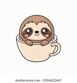 cute kawaii sloth in cup vector clipart.